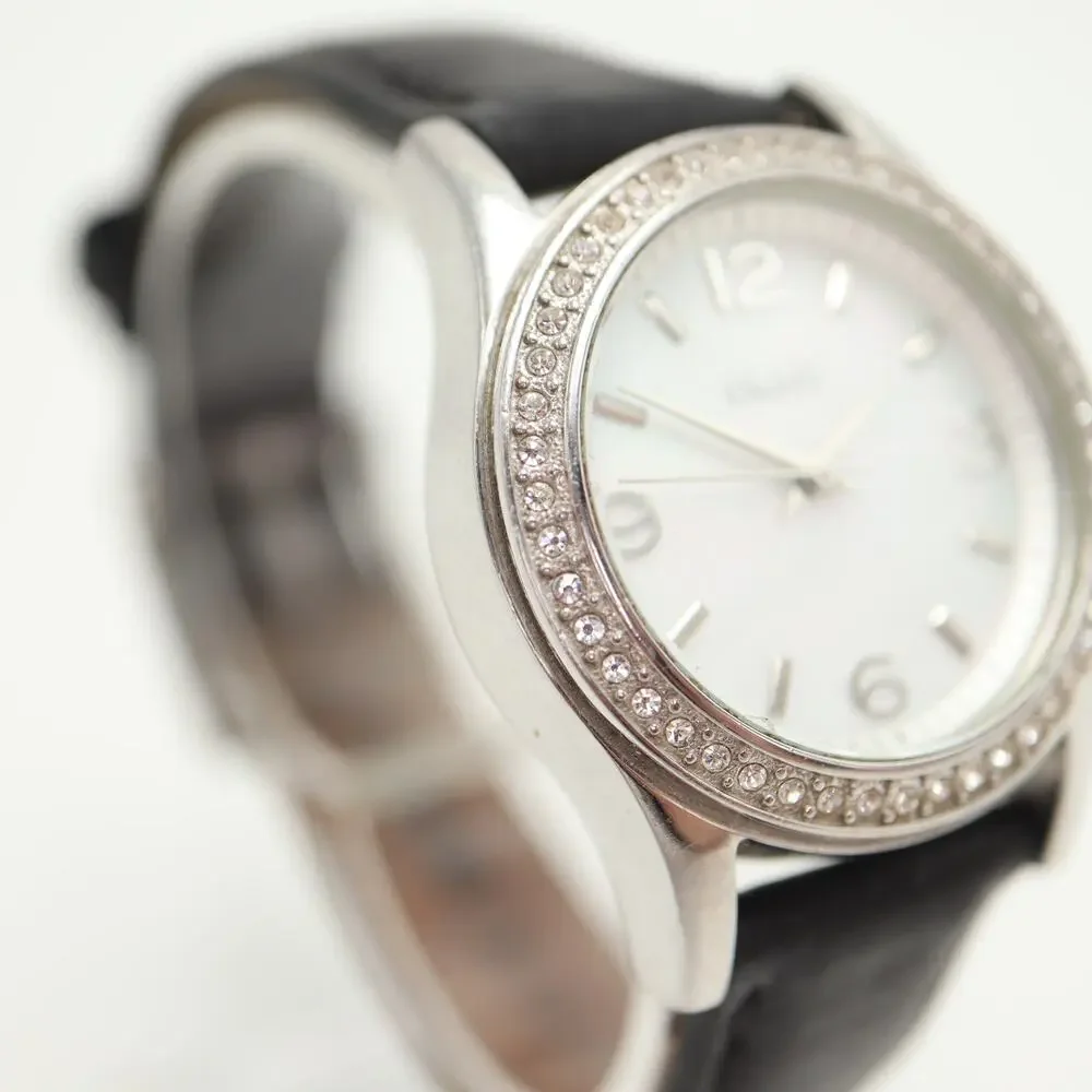 DKNY Womens Silver Tone MOP 32mm Watch Jewel Bezel Black Leather w New Battery